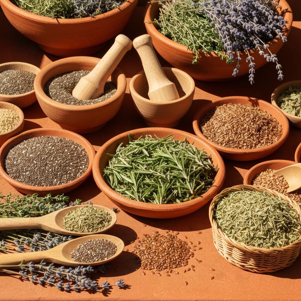 Mediterranean herbs and traditional wellness materials arranged on terracotta surfaces