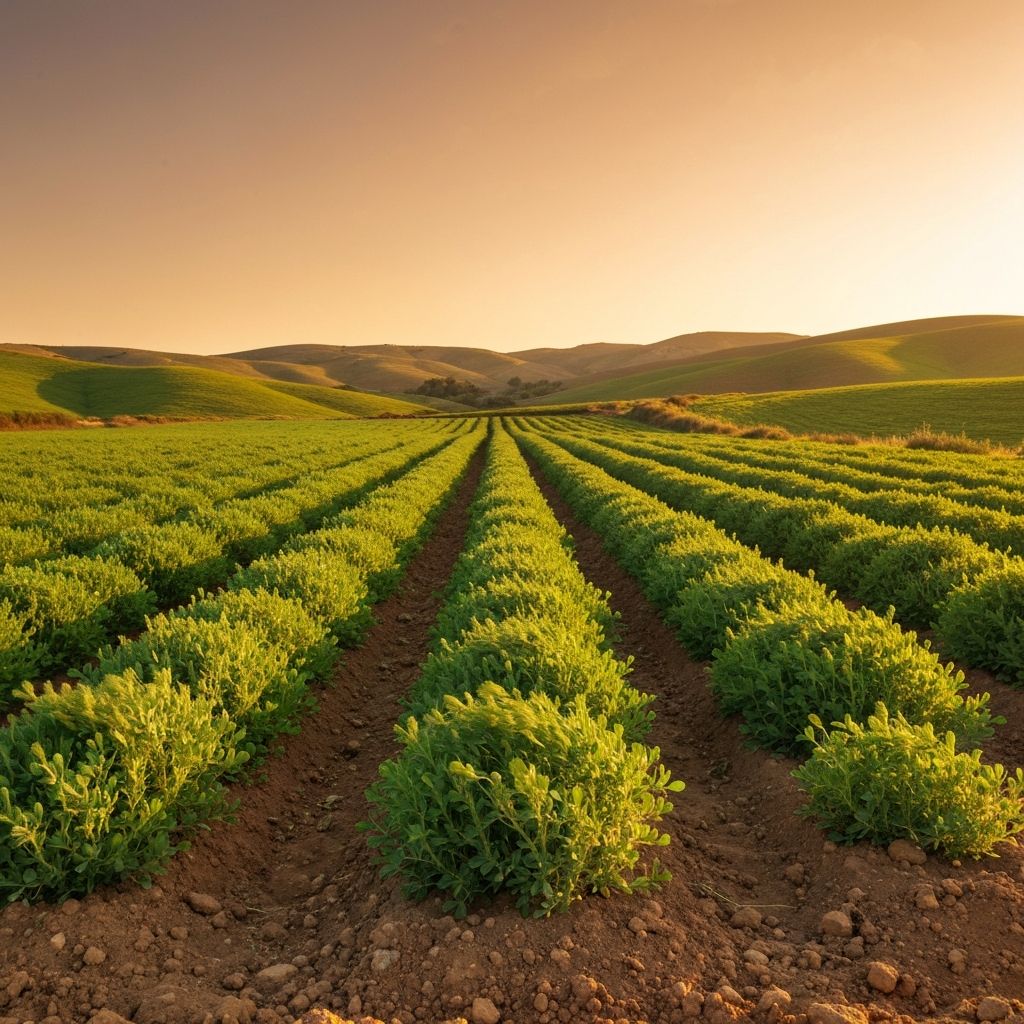 Mediterranean herb fields with fenugreek crops growing under golden sunlight