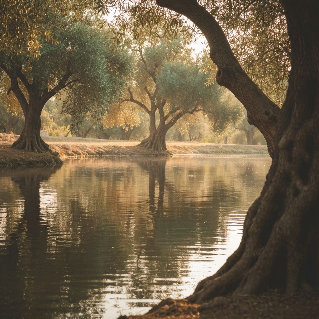 Peaceful Mediterranean nature scene with still water and soft sunlight