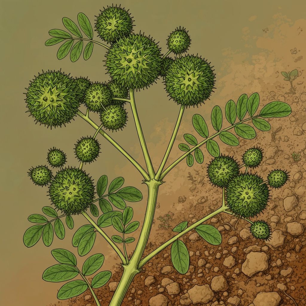 Tribulus terrestris plant with distinctive spiky fruits on branches